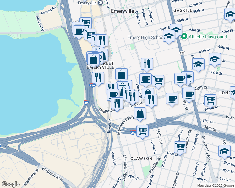 map of restaurants, bars, coffee shops, grocery stores, and more near 1510 Park Avenue in Emeryville