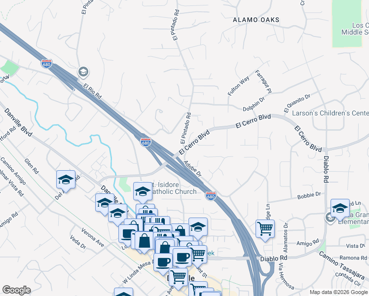 map of restaurants, bars, coffee shops, grocery stores, and more near 375 West El Pintado in Danville