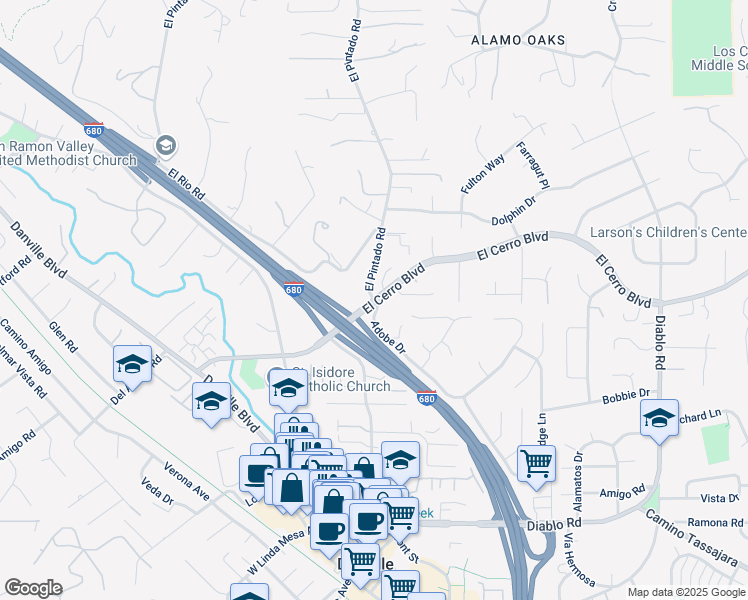 map of restaurants, bars, coffee shops, grocery stores, and more near 375 West El Pintado in Danville