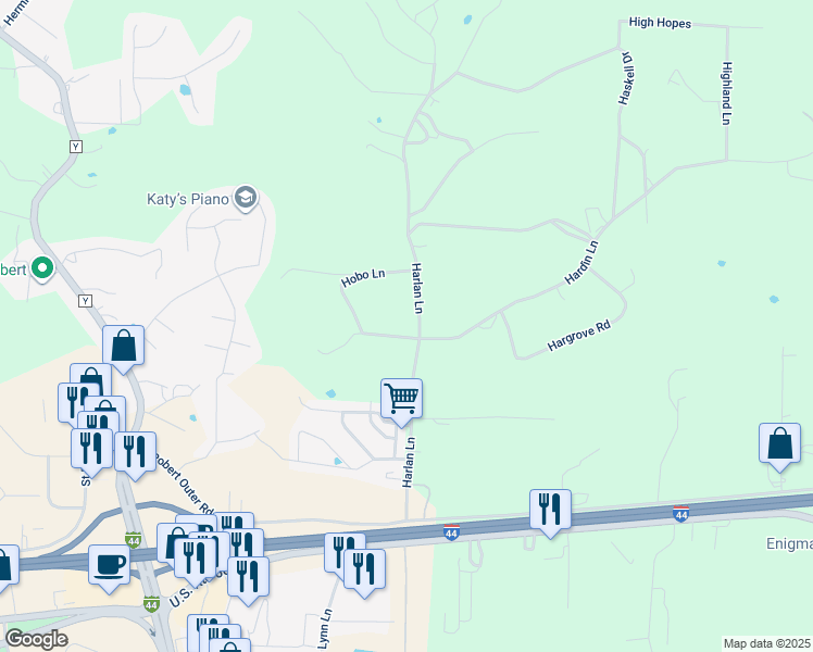 map of restaurants, bars, coffee shops, grocery stores, and more near 22685 Harlan Lane in Saint Robert