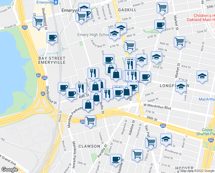 map of restaurants, bars, coffee shops, grocery stores, and more near 1325 40th Street in Emeryville