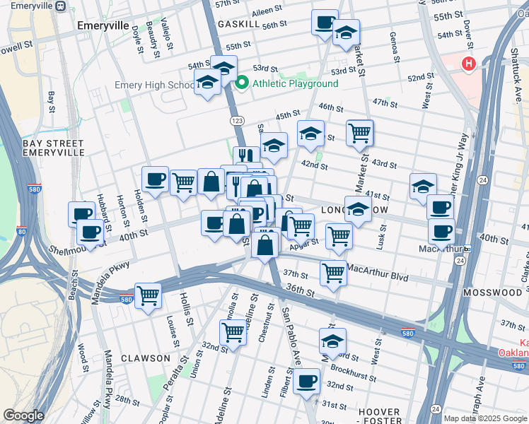 map of restaurants, bars, coffee shops, grocery stores, and more near in Emeryville