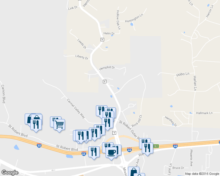 map of restaurants, bars, coffee shops, grocery stores, and more near 578 State Highway Y in Saint Robert