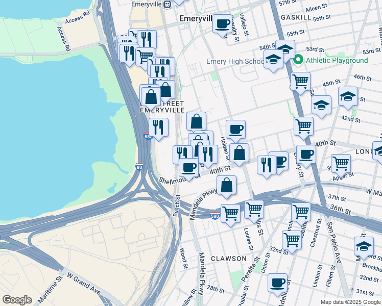 map of restaurants, bars, coffee shops, grocery stores, and more near 1555 Park Avenue in Emeryville