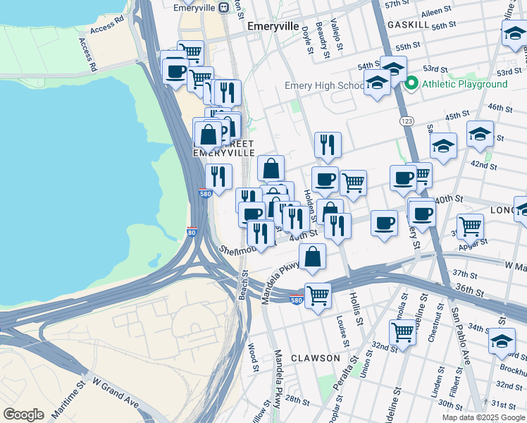 map of restaurants, bars, coffee shops, grocery stores, and more near 1510 Park Avenue in Emeryville