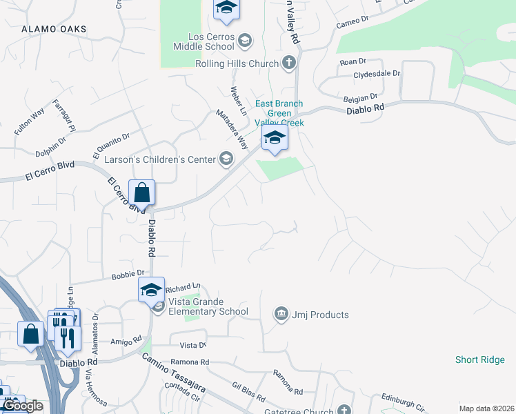 map of restaurants, bars, coffee shops, grocery stores, and more near 84 Alta Loma Court in Danville