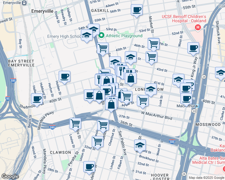 map of restaurants, bars, coffee shops, grocery stores, and more near 1121 40th Street in Emeryville