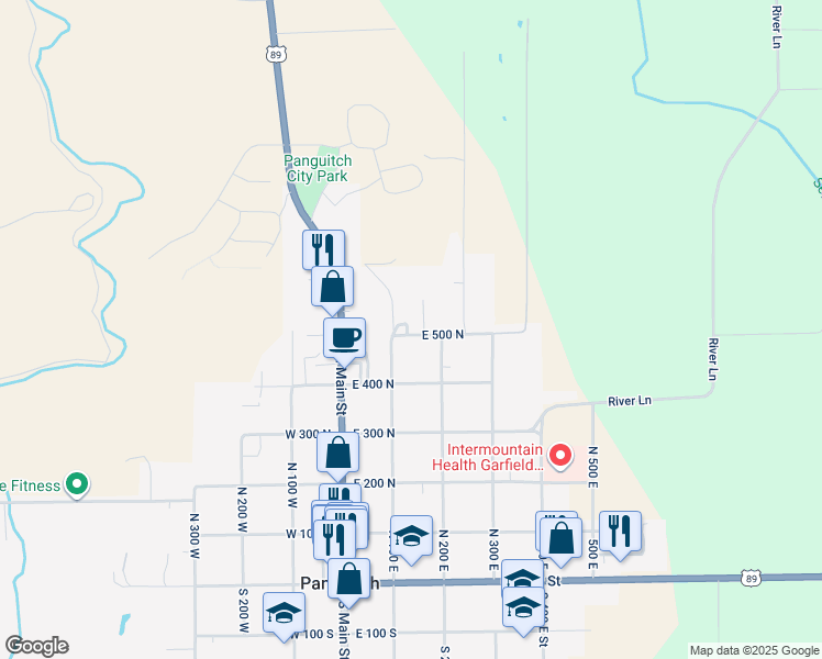 map of restaurants, bars, coffee shops, grocery stores, and more near East 500 North in Panguitch