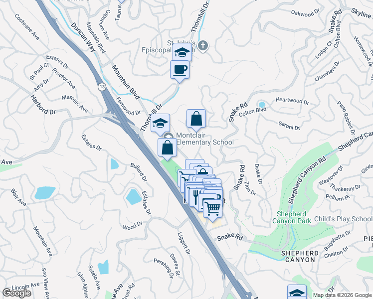 map of restaurants, bars, coffee shops, grocery stores, and more near 1880 Mountain Boulevard in Oakland