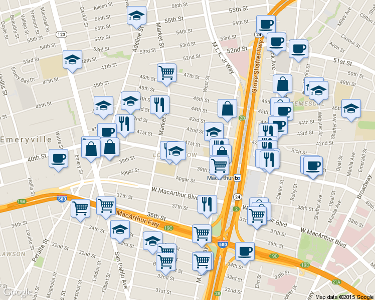 map of restaurants, bars, coffee shops, grocery stores, and more near 795 40th Street in Oakland