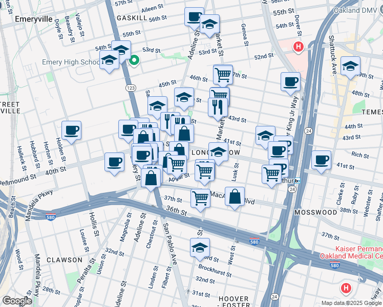 map of restaurants, bars, coffee shops, grocery stores, and more near 943 39th Street in Oakland