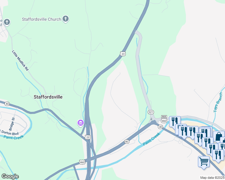 map of restaurants, bars, coffee shops, grocery stores, and more near 454 Hidden Valley Road in Paintsville