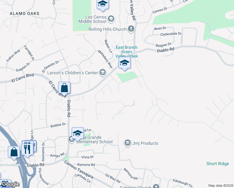 map of restaurants, bars, coffee shops, grocery stores, and more near 84 Alta Loma Court in Danville