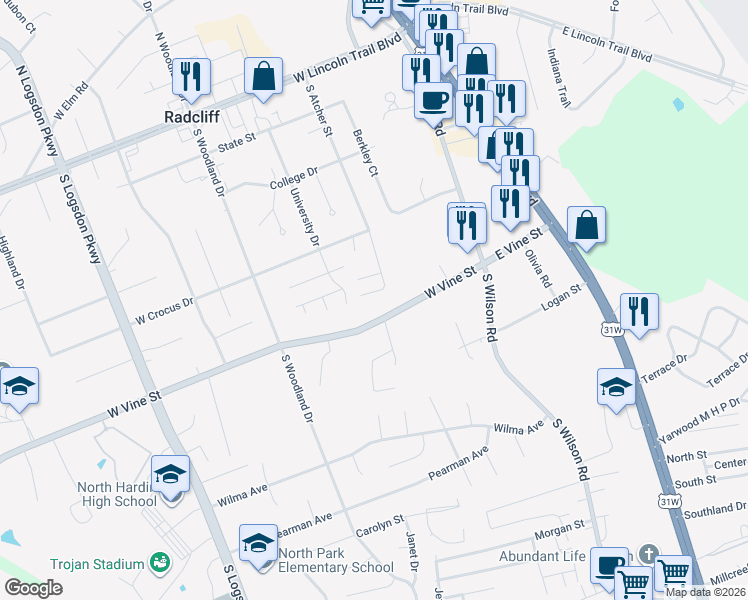 map of restaurants, bars, coffee shops, grocery stores, and more near 383 West Vine Street in Radcliff