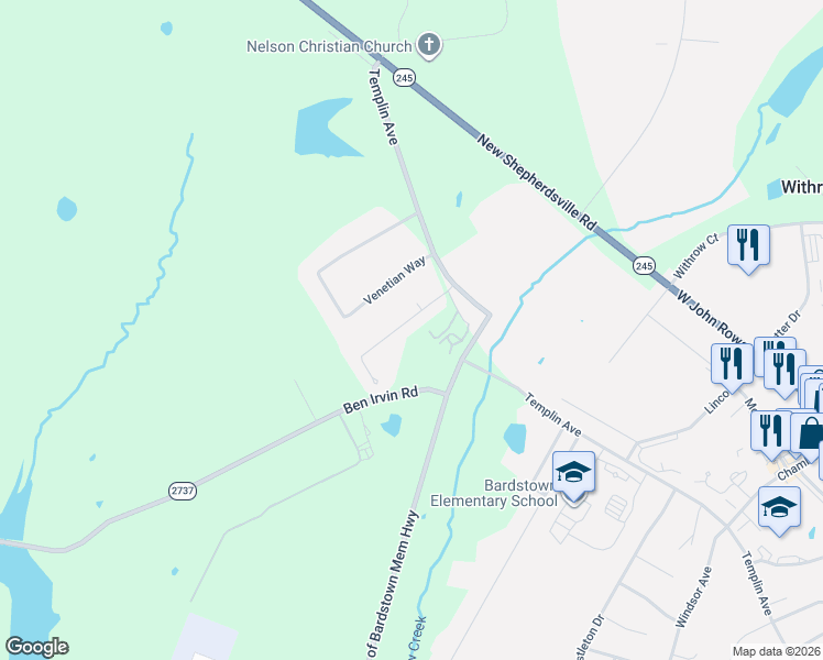 map of restaurants, bars, coffee shops, grocery stores, and more near 2000-2098 Shannon Drive in Bardstown