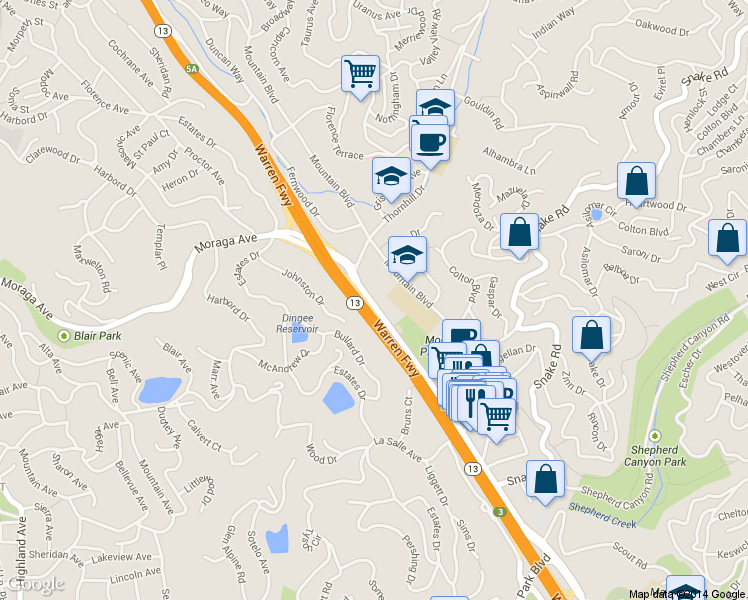 map of restaurants, bars, coffee shops, grocery stores, and more near 6180 Moraga Avenue in Piedmont