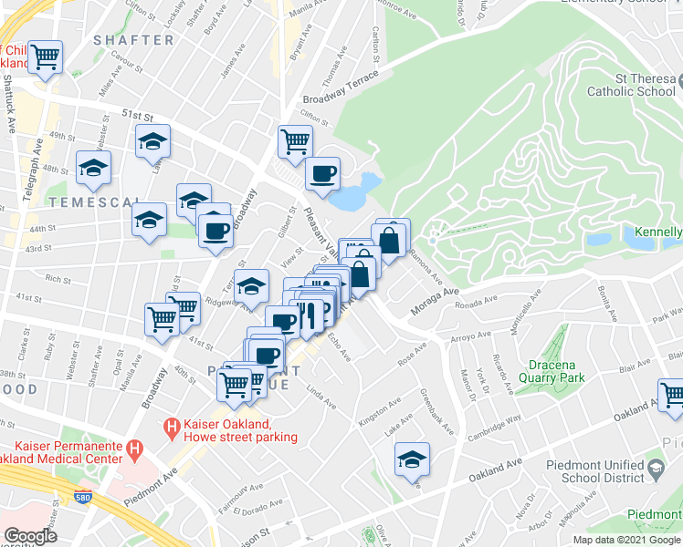 map of restaurants, bars, coffee shops, grocery stores, and more near 4341 Piedmont Avenue in Oakland