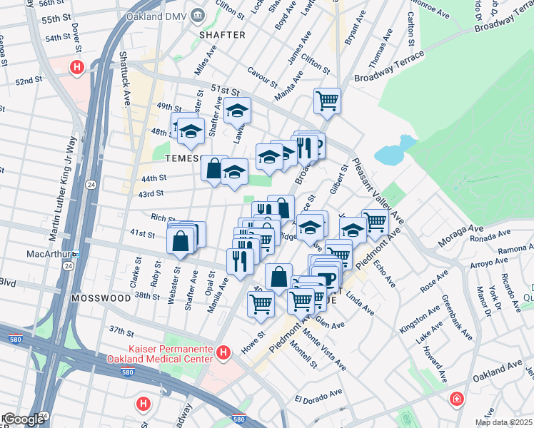 map of restaurants, bars, coffee shops, grocery stores, and more near 4160 Emerald Street in Oakland