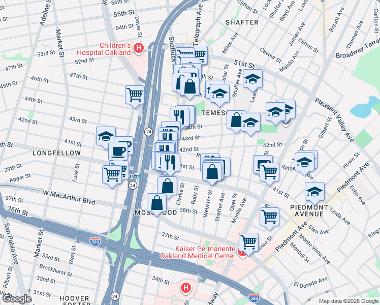 map of restaurants, bars, coffee shops, grocery stores, and more near 466 41st Street in Oakland