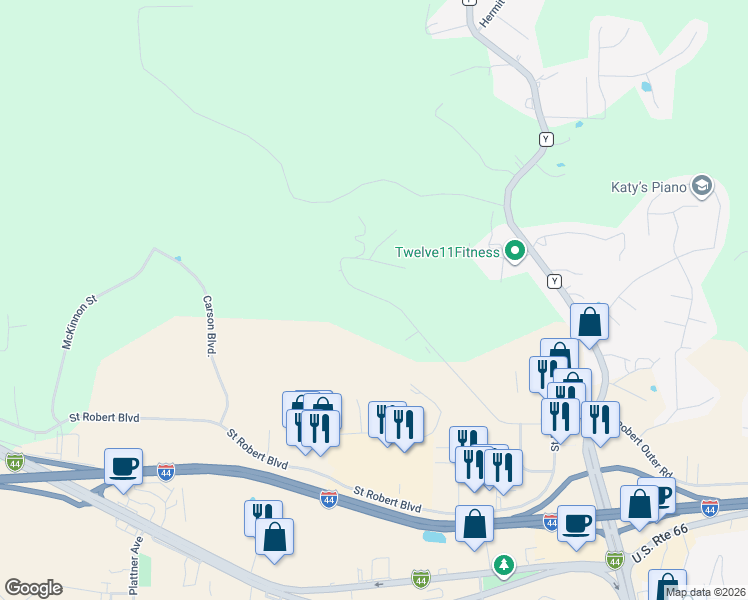 map of restaurants, bars, coffee shops, grocery stores, and more near 299 Carmel Valley Way in Saint Robert