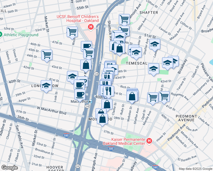 map of restaurants, bars, coffee shops, grocery stores, and more near 515 42nd Street in Oakland