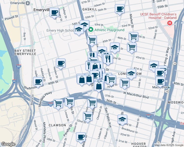 map of restaurants, bars, coffee shops, grocery stores, and more near 1199 40th Street in Emeryville