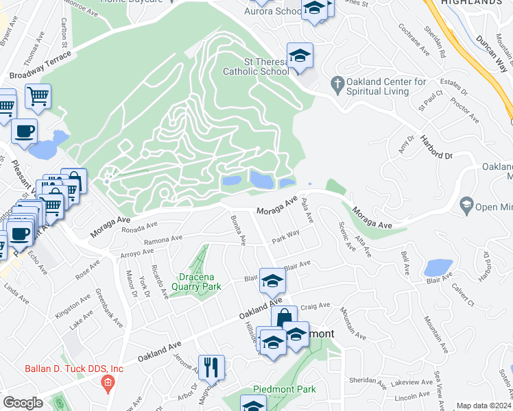 map of restaurants, bars, coffee shops, grocery stores, and more near 411 Moraga Avenue in Piedmont