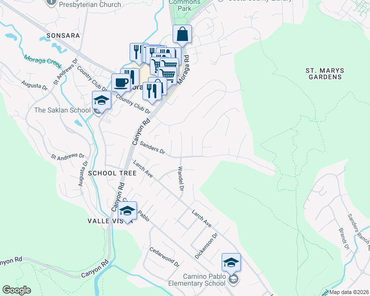 map of restaurants, bars, coffee shops, grocery stores, and more near 40 Wandel Drive in Moraga