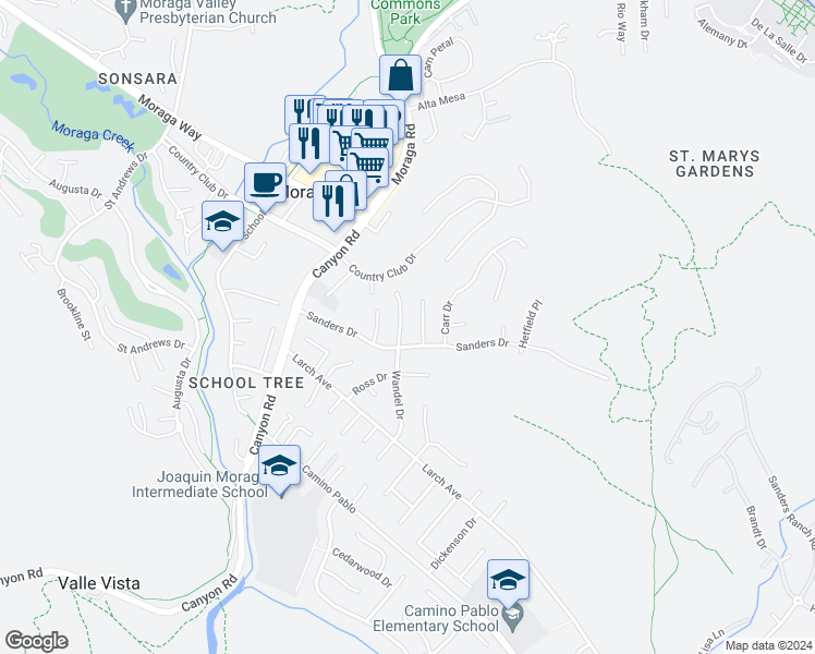 map of restaurants, bars, coffee shops, grocery stores, and more near 40 Wandel Drive in Moraga