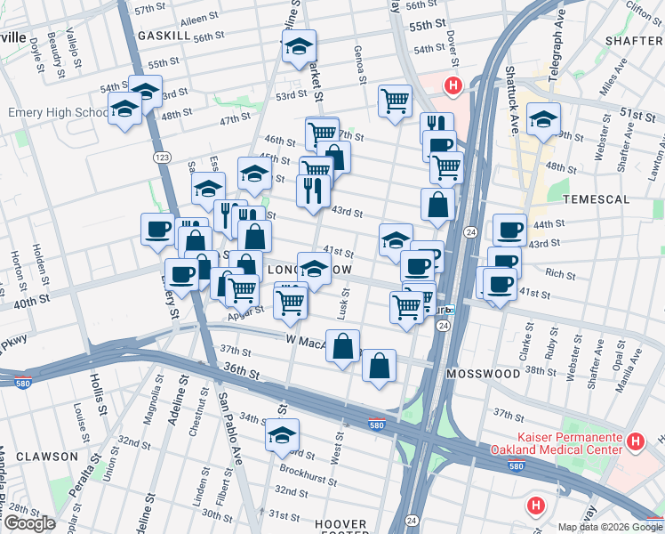 map of restaurants, bars, coffee shops, grocery stores, and more near 870 41st Street in Oakland