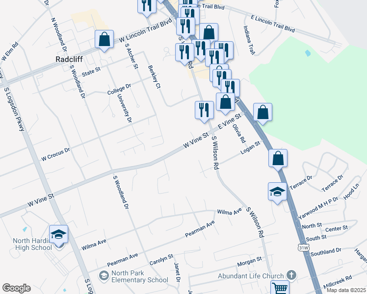 map of restaurants, bars, coffee shops, grocery stores, and more near 258 West Vine Street in Radcliff