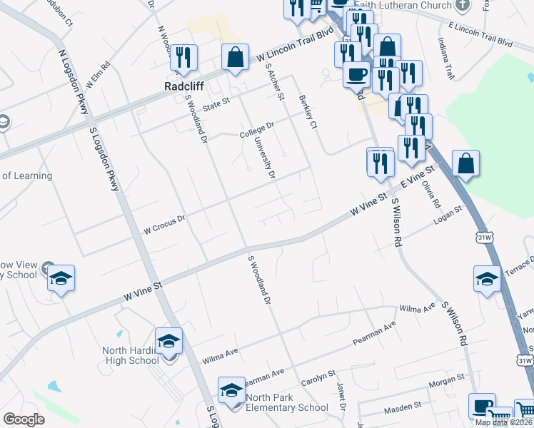 map of restaurants, bars, coffee shops, grocery stores, and more near 106 Naples Court in Radcliff
