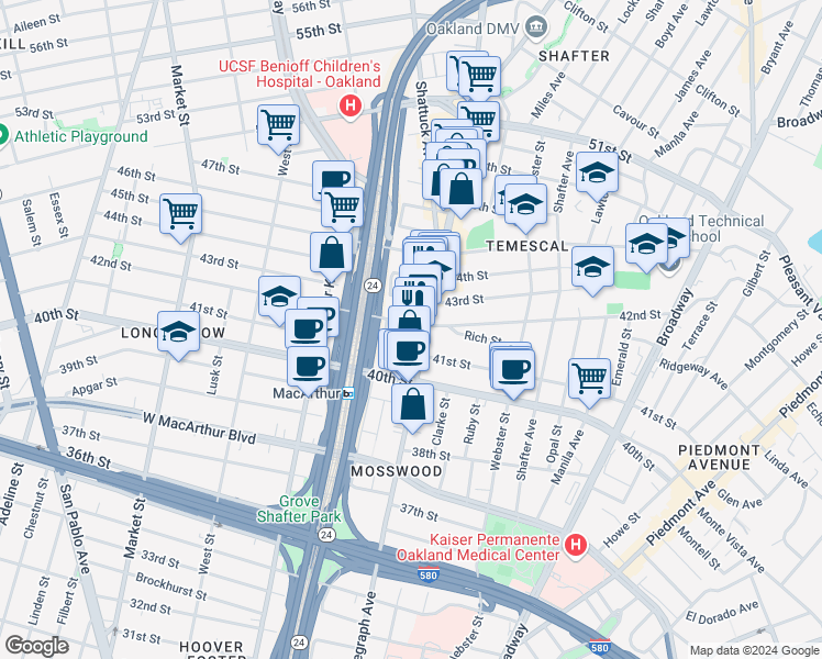 map of restaurants, bars, coffee shops, grocery stores, and more near 515 42nd Street in Oakland