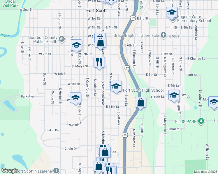 map of restaurants, bars, coffee shops, grocery stores, and more near 819 South National Avenue in Fort Scott