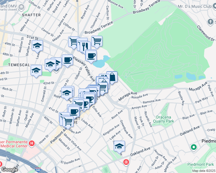 map of restaurants, bars, coffee shops, grocery stores, and more near 4440 Howe Street in Oakland