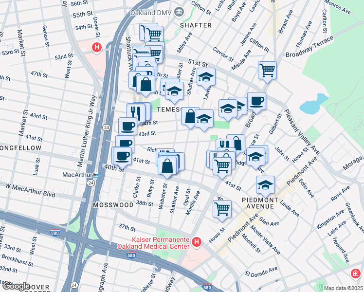 map of restaurants, bars, coffee shops, grocery stores, and more near 4222 Shafter Avenue in Oakland