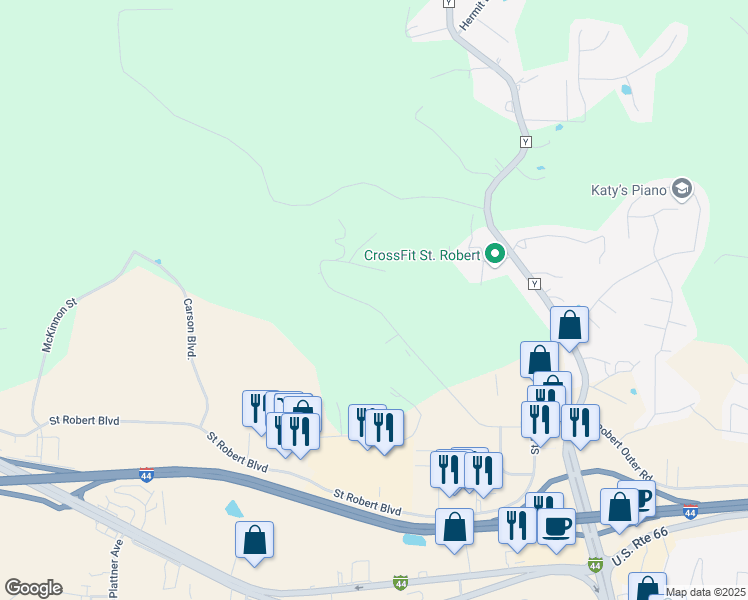map of restaurants, bars, coffee shops, grocery stores, and more near 305 Carmel Valley Way in Saint Robert