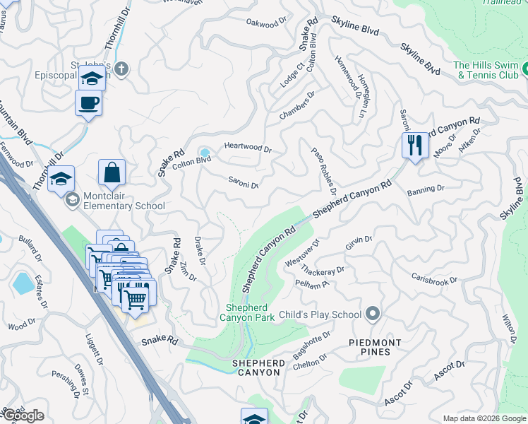 map of restaurants, bars, coffee shops, grocery stores, and more near 2 Cortez Court in Oakland