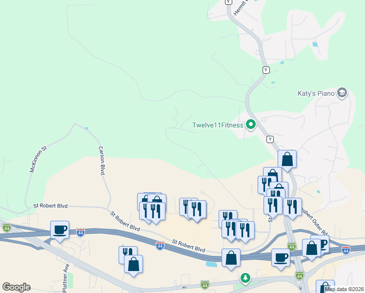 map of restaurants, bars, coffee shops, grocery stores, and more near 331 Carmel Valley Way in Saint Robert