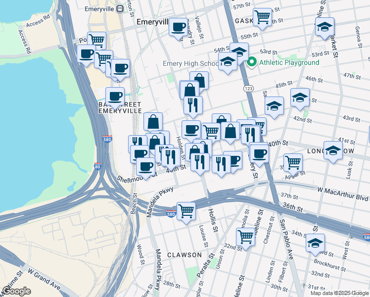 map of restaurants, bars, coffee shops, grocery stores, and more near 1350 Park Avenue in Emeryville