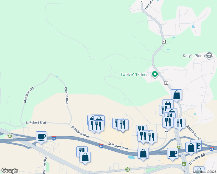 map of restaurants, bars, coffee shops, grocery stores, and more near 331 Carmel Valley Way in Saint Robert