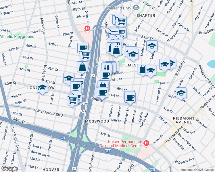 map of restaurants, bars, coffee shops, grocery stores, and more near Telegraph Ave & 42nd St in Oakland