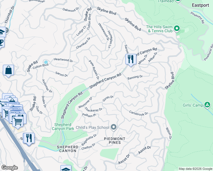 map of restaurants, bars, coffee shops, grocery stores, and more near 6353 Westover Drive in Oakland