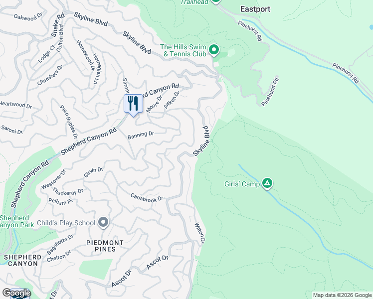 map of restaurants, bars, coffee shops, grocery stores, and more near 6985 Exeter Drive in Oakland