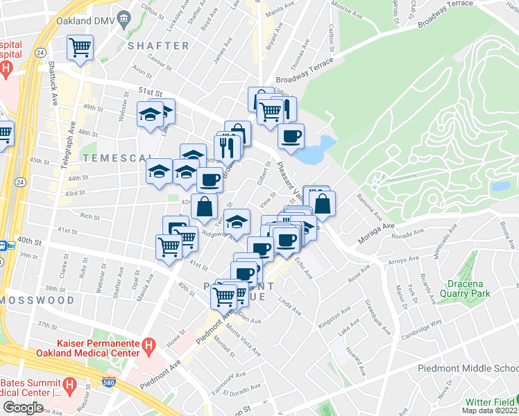 map of restaurants, bars, coffee shops, grocery stores, and more near John St & View St in Oakland