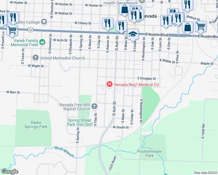 map of restaurants, bars, coffee shops, grocery stores, and more near 800 South Ash Street in Nevada