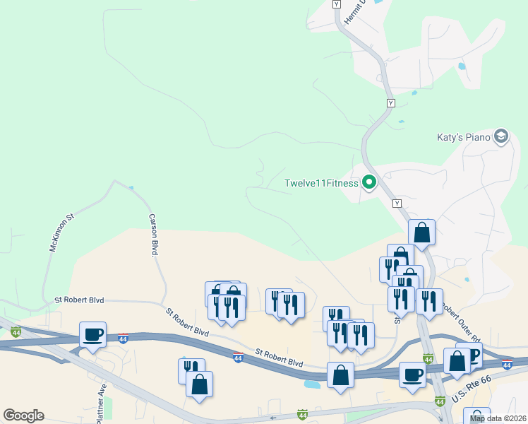 map of restaurants, bars, coffee shops, grocery stores, and more near 335 Carmel Valley Way in St. Robert
