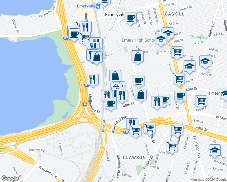 map of restaurants, bars, coffee shops, grocery stores, and more near 1500 Park Avenue in Emeryville