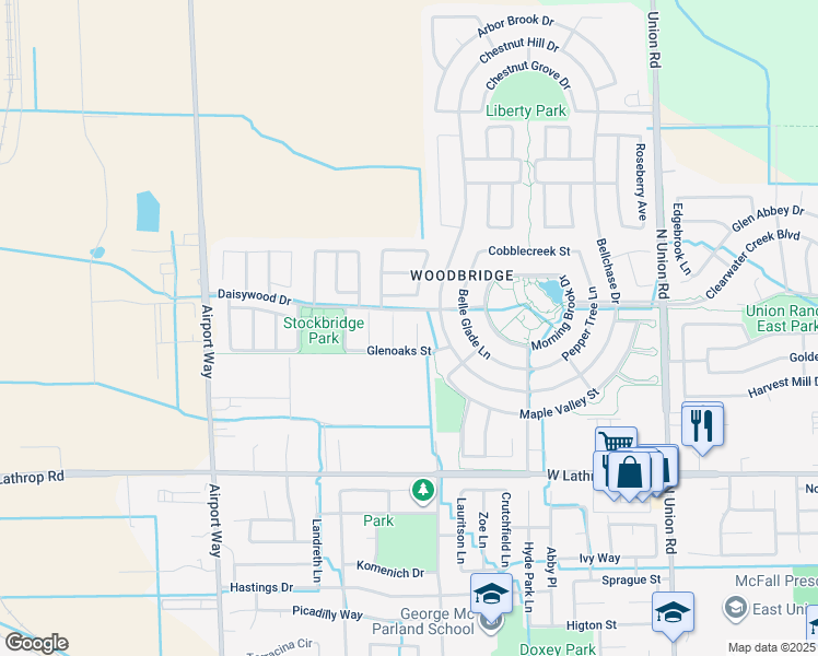 map of restaurants, bars, coffee shops, grocery stores, and more near 2387 Birdsong Place in Manteca