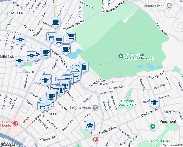 map of restaurants, bars, coffee shops, grocery stores, and more near 33 Ramona Avenue in Oakland